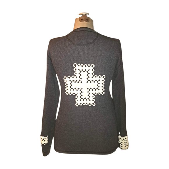 Altered Thermal Knit Top Shirt Vintage Crochet Cross Waffle Weave Henley Upcycle - Picture 3 of 9